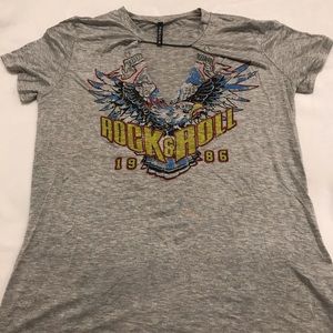 rock and roll graphic v cut shirt